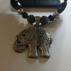 Silver and black vintage elephant charm with beaded necklace..stainless..